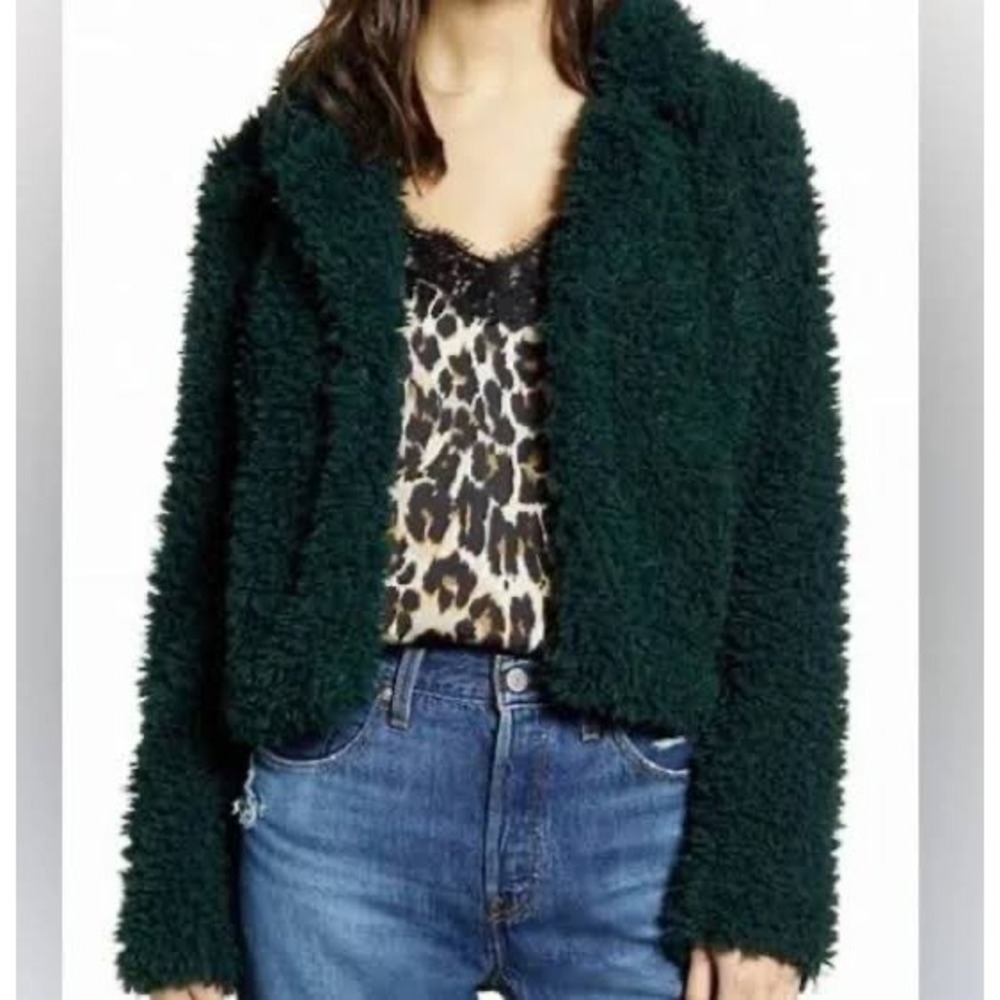 Blank NYC Faux Fur Teddy Jacket Forest Green Shaggy Cropped Open Front - Medium